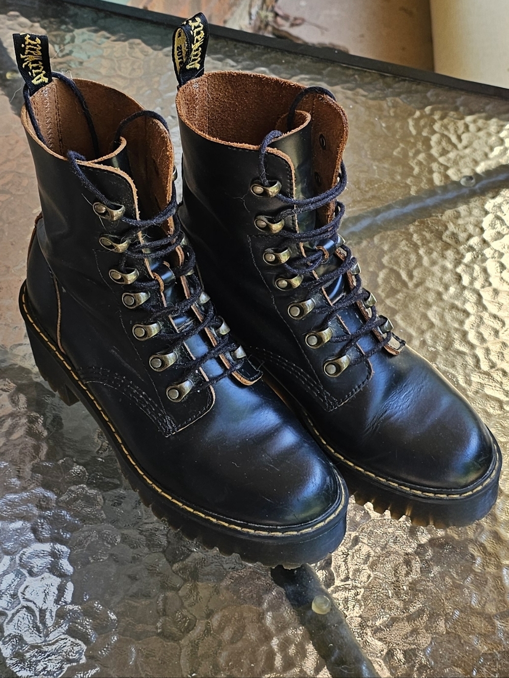 Dr. Martens Leona Black Leather Combat Boots